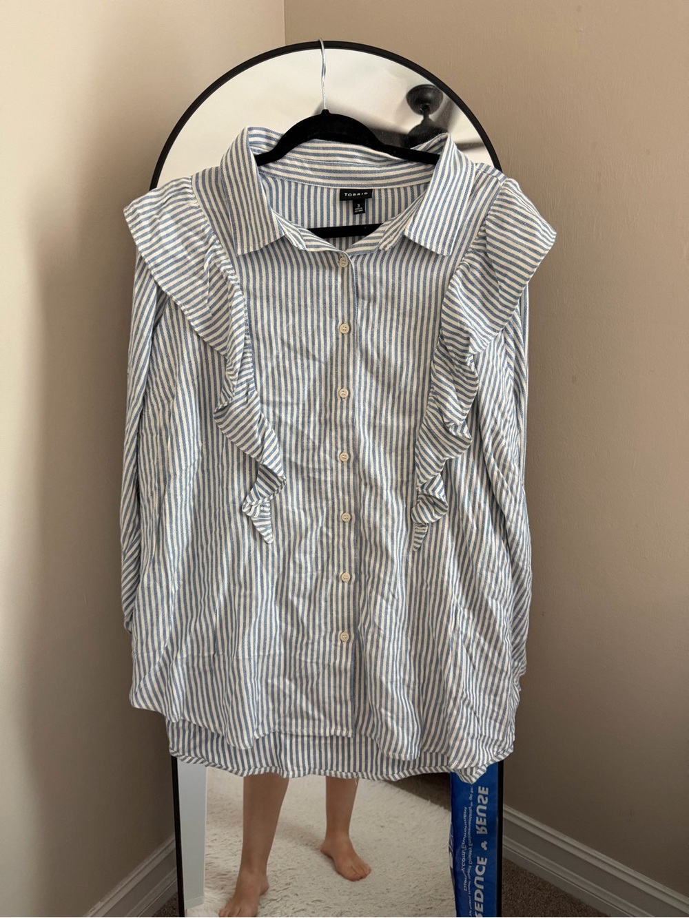 NWT torrid Blue and White Striped Ruffle Button-Up Blouse